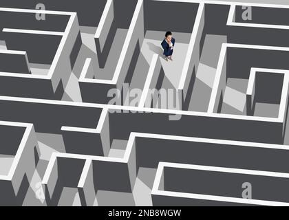 Donna d'affari premurosa cercando di trovare via d'uscita dal labirinto Foto Stock
