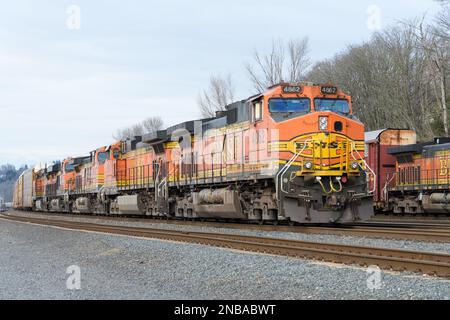 Seattle - 12 febbraio 2023; BNSF auto rack carrier treno con cinque locomotive Foto Stock