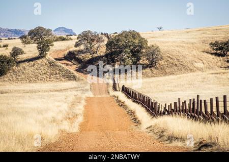 Una strada solitaria sterrata attraverso le praterie lungo il confine tra gli Stati Uniti e il Messico in Arizona. Foto Stock