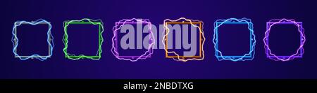 UI bordo quadrato per profilo avatar nel gioco con effetto fulmine elettricità. Vettore di frame set thunderbolt al neon isolato. Diversi elementi di interfaccia fantasy per l'utente. Design vincitore. Illustrazione Vettoriale