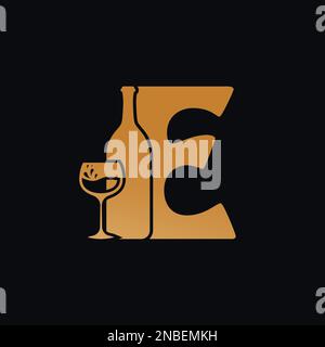 Logo lettera e con disegno della bottiglia di vino Illustrazione vettoriale su sfondo nero. Logo Letter e in vetro da vino Illustrazione Vettoriale