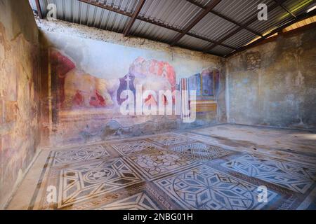 Affreschi elaborati, ricchi e raffinati e mosaici, piastrelle in una grande sala della Casa de Larario di Achille. Al Parco Archeologico di Pompei vicino a Napoli Foto Stock