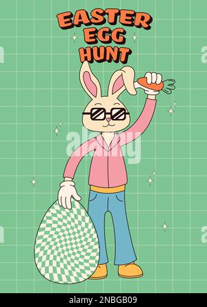Hippie groovy Happy poster di Pasqua. Coniglietto di Pasqua. Carta vettoriale in stile cartoon retrò 60s 70s alla moda. Illustrazione Vettoriale
