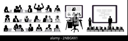 Sagome di riunioni di persone d'affari, illustrazioni vettoriali di conferenze. Illustrazione Vettoriale