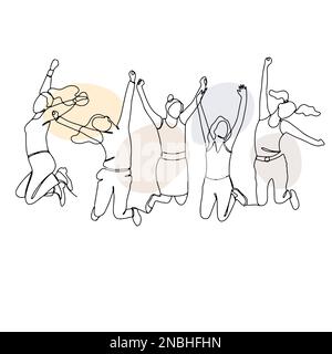 Disegno a linea singola di donne che saltano con forme astratte pastello Illustrazione Vettoriale