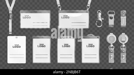 Set realistico di maschere per schede con badge id in supporti in plastica con cordini e clip in metallo isolati su sfondo trasparente illustrazione vettoriale Illustrazione Vettoriale