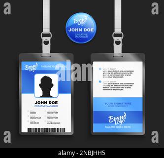 Set realistico di modelli di badge blu vista anteriore e posteriore della scheda di identificazione con cordino isolato su sfondo nero figura vettoriale Illustrazione Vettoriale