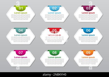 Set di modelli di opzioni per gli elementi infografici con nove numeri. Mockup infografico Illustrazione Vettoriale