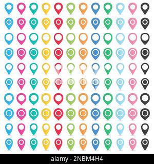 Grande serie di puntatori della mappa in un design piatto. Icone puntine mappa impostate. Raccolta di icone puntatori mappa Illustrazione Vettoriale