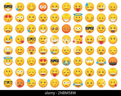 Grande set di icone emoticon sorriso. Set di emoji cartoni animati. Set di emoticon vettoriali Illustrazione Vettoriale