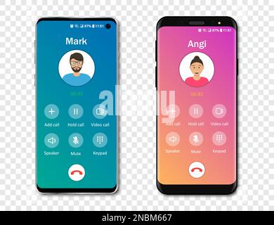 Modello di interfaccia dell'app per le chiamate smartphone su sfondo trasparente. Informazioni sulla chiamata in arrivo. Illustrazione vettoriale Illustrazione Vettoriale