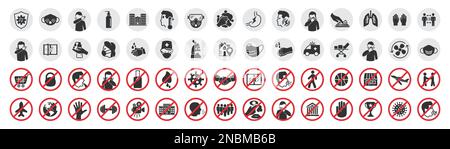 Grande set di icone coronavirus. Misure preventive di protezione contro i virus, icone di quarantena, simboli di divieto, prevenzione dei virus Illustrazione Vettoriale