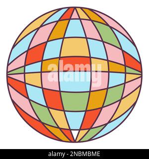 Retro 70s Groovy Hippie adesivo disco palla. Elemento cartoon psichedelico - illustrazione funky in stile hippy vintage. Illustrazione piatta vettoriale per Illustrazione Vettoriale