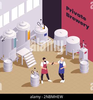 Composizione isometrica per piccole aziende a conduzione familiare con vista interna dell'unità industriale per la produzione di birra con illustrazione vettoriale delle persone Illustrazione Vettoriale