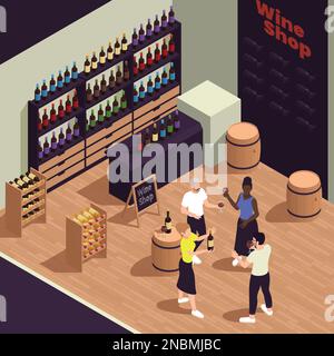 Composizione isometrica per piccole aziende a conduzione familiare con scenario interno di un negozio di vini con assortimento di bottiglie e illustrazione vettoriale delle persone Illustrazione Vettoriale