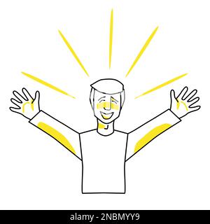 Uomo felice, emozione di felicità. Gioioso personaggio maschile, line art, disegno a mano vettore stile schizzo con macchie gialle. Illustrazione Vettoriale