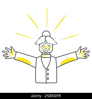 Felice vecchia donna, emozione di felicità. Gioiosa nonna personaggio, line art, disegno a mano stile schizzo con macchie gialle. Illustrazione Vettoriale