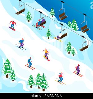 Concetto isometrico di stazione sciistica con gli sportivi sulla montagna vettore illustrazione Illustrazione Vettoriale