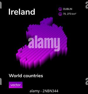 Mappa Irlanda 3D. Mappa vettoriale digitale a strisce isometriche al neon stilizzata con colori viola e rosa su sfondo nero Illustrazione Vettoriale