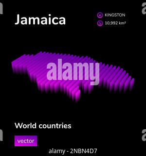 Mappa Giamaica 3D. La mappa vettoriale isometrica stilizzata è in colori viola al neon su sfondo nero. Banner geografico, elemento infografico. Illustrazione Vettoriale
