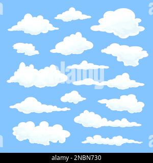 Set di nuvole in un design piatto su uno sfondo blu Illustrazione Vettoriale