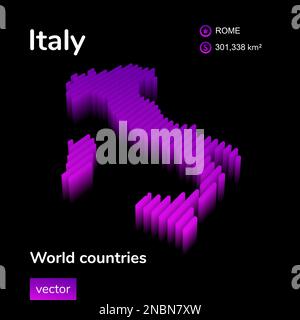 Mappa Italia 3D. Vettore digitale a righe isometriche al neon stilizzato Mappa Italiana in viola e rosa su sfondo nero. Illustrazione Vettoriale