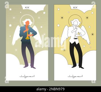 Carte Tarocchi Arcana maggiore. Design stilizzato. Giudizio. Arcangelo con grandi ali che suonano tromba su sfondo cielo nuvoloso e stellato. Illustrazione Vettoriale