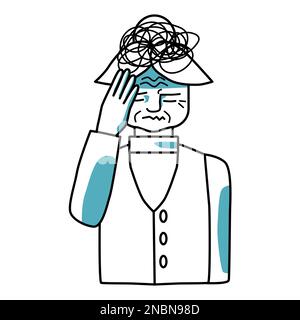 Stressato carattere donna anziana tenendo una mano sulla sua testa, chiuso gli occhi. Stile di schizzo disegnato a mano, disegno di linea, disegno a metà corpo. Illustrazione Vettoriale