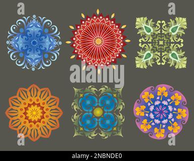 Set di fiori natura Mandalas Mutlicolored Illustrazione Vettoriale