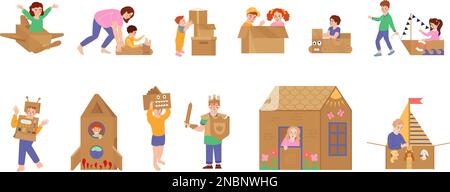 Scatole di cartone icone piatte set con bambini che giocano giocattoli fai da te isolato vettore illustrazione Illustrazione Vettoriale