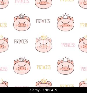 Cute princess pig modello. Sfondo vettoriale per il design dei bambini. Illustrazione Vettoriale