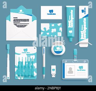 Kit di branding blu per l'identità aziendale clinica dentale con spazzolino filo interdentale tubo dentifricio isolato mockups realisticamente illustrazione vettoriale Illustrazione Vettoriale