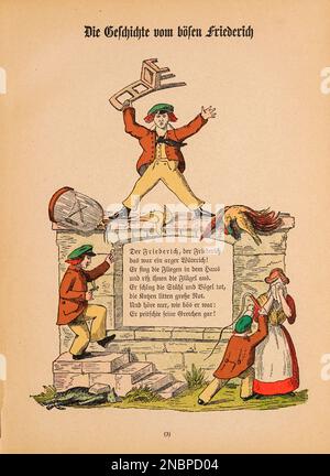 Die Geschichte vom bösen Friederich (la storia del male Friederich) dalla versione tedesca originale del libro ' Das Struwwwelpeter-album : aus Bilderbüchern ' di Hoffmann, Heinrich, 1809-1894 Data di pubblicazione 1900 Editore Frankfurt am Main : Rütten & Loening [ Der Struwelpeter ('Peter zeppino' o 'Peter Shaggy') è un libro per bambini tedesco del 1845 di Heinrich Hoffmann. Comprende dieci storie illustrate e rimate, per lo più sui bambini. Ciascuno ha una morale chiara che dimostra le conseguenze disastrose di un comportamento scorretto in modo esagerato.[1] il titolo della prima storia prevede Foto Stock