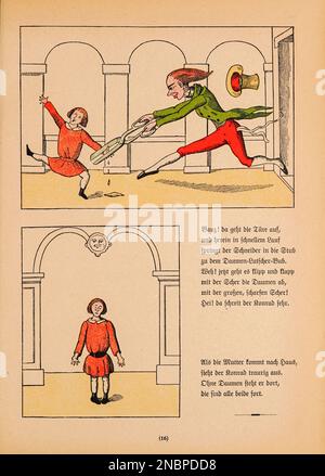 Die Geschichte vom Daumenlutscher - la Storia del Thumbsucker dalla versione tedesca originale del libro ' Das Struwelpeter-album : aus Bilderbüchern ' di Hoffmann, Heinrich, 1809-1894 Data di pubblicazione 1900 Editore Frankfurt am Main : Rütten & Loening [ Der Struwelpeter ('Peter zeppino' o 'Peter Shaggy') è un libro per bambini tedesco del 1845 di Heinrich Hoffmann. Comprende dieci storie illustrate e rimate, per lo più sui bambini. Ognuno ha una morale chiara che dimostra le conseguenze disastrose di un comportamento scorretto in modo esagerato.] Il titolo della prima storia fornisce il ti Foto Stock