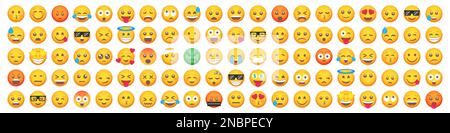 Grande set di 100 icone emoticon sorriso. Set di emoji cartoni animati. Set di emoticon vettoriali Illustrazione Vettoriale