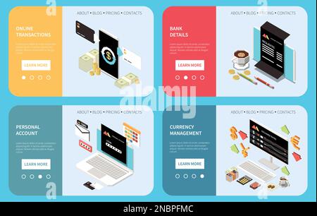 Servizi di mobile banking online landing pages con informazioni sui dati bancari conto personale gestione della valuta transazioni online isometric vec Illustrazione Vettoriale
