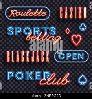 Cornici al neon Set realistico di tabelloni isolati per casinò e night club su sfondo trasparente scuro illustrazione isometrica vettoriale Illustrazione Vettoriale