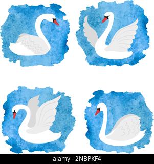 Set di cigni bianchi su spruzzi di acquerello blu. Illustrazione vettoriale. Illustrazione Vettoriale