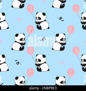 Modello senza cuciture con graziosi orsi panda e palloncini. Sfondo dei capretti vettoriali. Illustrazione Vettoriale