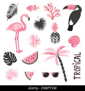 Set tropicale nei colori rosa e nero. Flamingo, toucan, anguria, palma, foglie. Raccolta vettoriale. Illustrazione Vettoriale