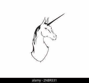 Disegno a mano vettore astratto contorno, grafica, linea arte magia unicorno testa ritratto in stile minimalista moderno.Black witchy unicorno contorno carattere Illustrazione Vettoriale