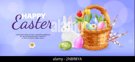 Poster di pasqua realistico con composizione orizzontale di testo ornato modificabile e fiori e uova in illustrazione vettore cestino Illustrazione Vettoriale