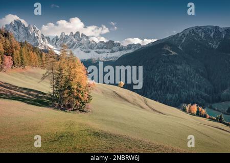 Splendida vista autunnale della periferia del villaggio di Santa Maddalena con la catena montuosa Geisler sullo sfondo. Scena serale colorata delle Alpi dolomitiche, Ital Foto Stock