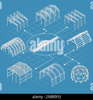 Diagramma di flusso delle costruzioni metalliche con simboli della struttura degli edifici industriali illustrazione vettoriale isometrica Illustrazione Vettoriale