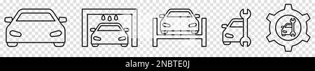 Set di icone di servizio auto a linee sottili. Servizio automatico, raccolta delle icone di riparazione. Illustrazione vettoriale isolata su sfondo trasparente Illustrazione Vettoriale