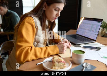 Primo piano di bella messa a fuoco grave donna caucasica freelance fare i suoi compiti di preparazione per l'esame di compilazione del suo programma indoor seduta. Foto Stock