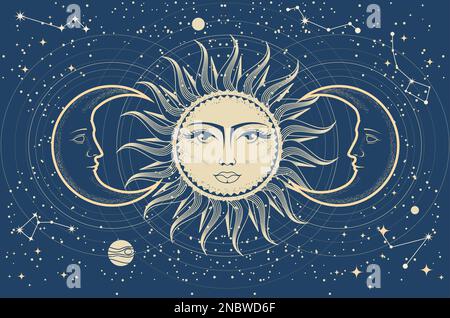 Sole e luna, astrologia e sfondo oroscopo, eclissi, mezzaluna vintage, tarocchi simboli mistici, vettore Illustrazione Vettoriale