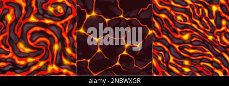 Texture di lava, magma e pietre. Modelli senza cuciture della superficie rocciosa del vulcano con crepe e flussi di lava liquida fusa calda nella vista dall'alto, carrello vettoriale Illustrazione Vettoriale