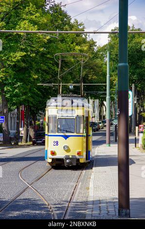 Treno del tram Woltersdorf al livello della fermata Woltersdorfer Schleuse, Woltersdorf vicino a Berlino, Germania. Foto Stock