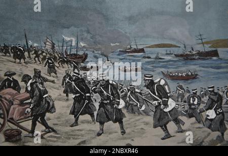 Guerra russo-giapponese (1904-1905). Battaglia di Chemulpo Bay. 9 febbraio 1904. Costa della Corea. Vittoria giapponese. Incisione. Foto Stock